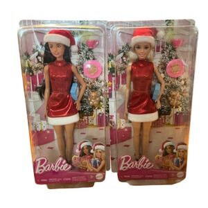 Mattel Barbie Santa Holiday Dolls Set of 2 Christmas Red Dress Hat NIB